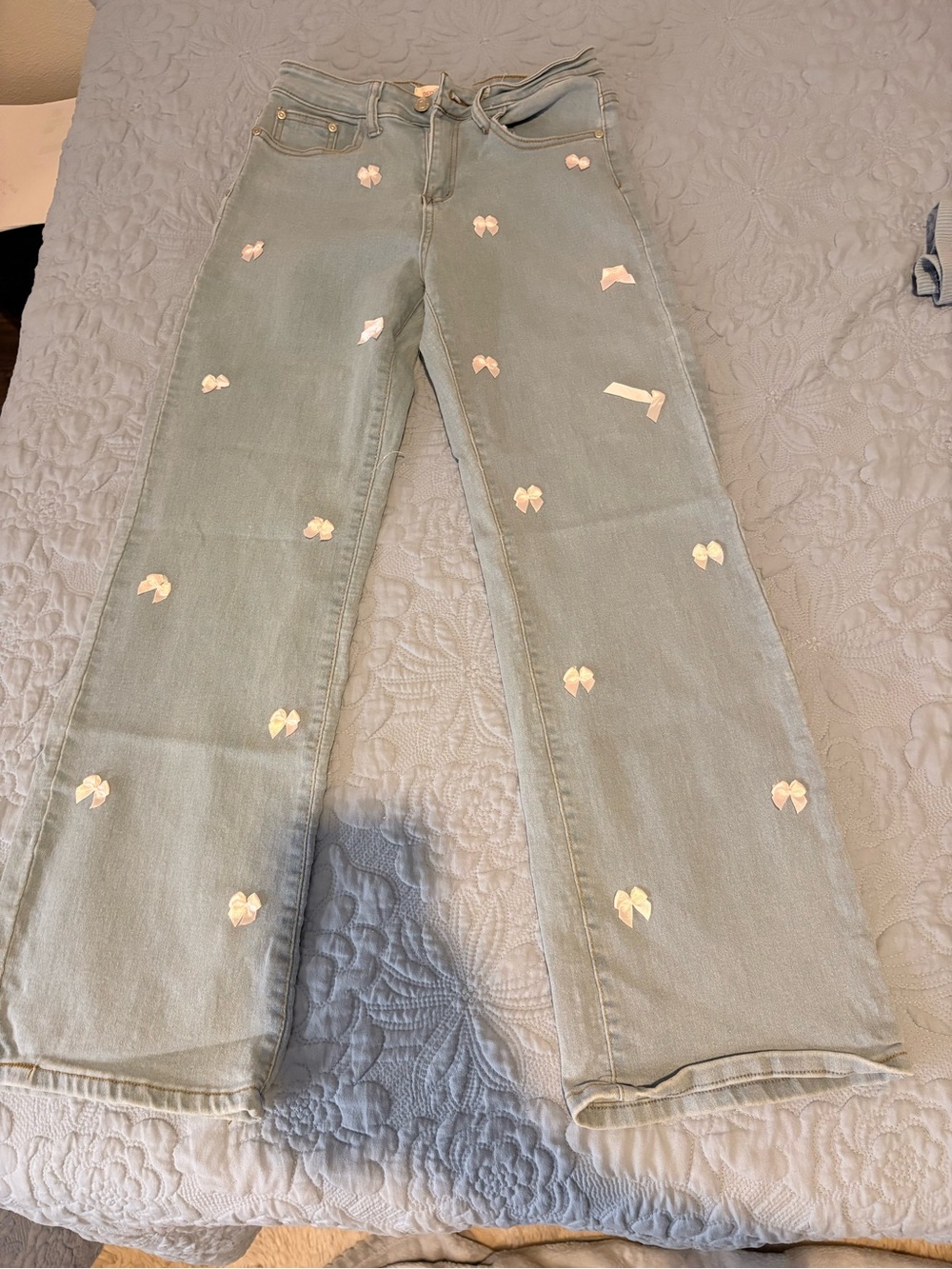 Christian Louboutin Light Blue Straight-Leg Jeans with Cream Bow Embroidery
